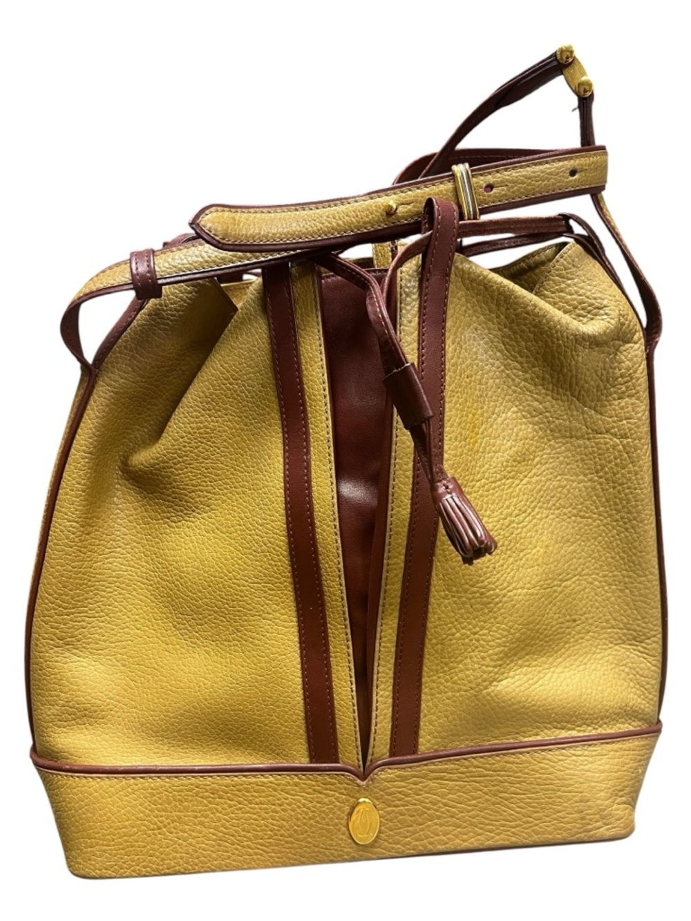 Must de Cartier Trinity Drawstring Bucket Bag vintage 1980 rare mustard plum